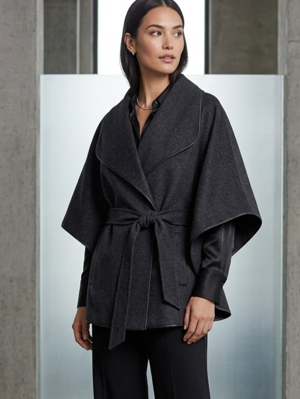 Wool/Cashmere Cape/Wrap Vest w/ Waist Tie & Leather Trim Nordstrom